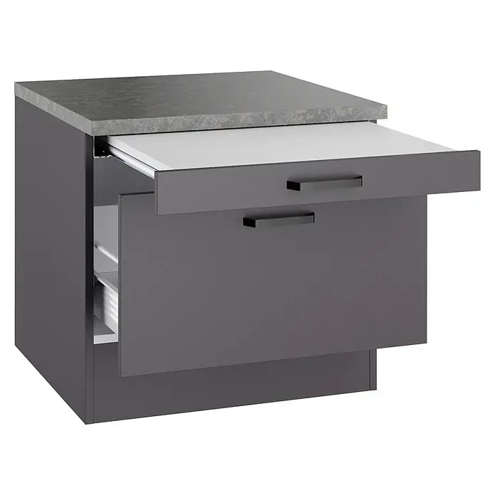 Optifit Optimulti Unterschrank Kiel420 - B x T x H: 60 x 60 x 57,1 cm, Anthrazit - Dunkelgrauer Küchenunterschrank mit heller Arbeitsplatte und schwarzen Griffen. Obere Schublade und unterer Schrank teilweise geöffnet, zeigen weißen Innenraum und Regale.