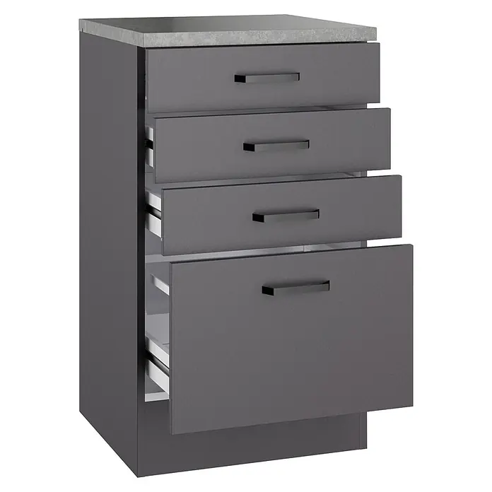 Optifit Optimulti Küchen-Unterschrank Kiel420 - B x T x H: 50 x 50 x 88 cm, Anthrazit - Grauer Schubladenschrank mit vier Schubladen, Betoneffekt-Arbeitsplatte, einige Schubladen teils geöffnet.