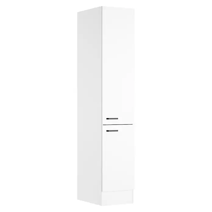 Optifit Optimulti Küchen-Hochschrank Bonn214 - B x T x H: 40 x 55,5 x 210 cm, Weiß - Weißer Hochschrank mit zwei dunklen Griffen.