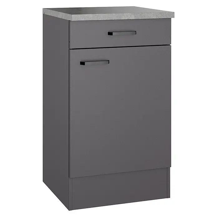 Optifit Optimulti Küchen-Unterschrank Kiel420 - B x T x H: 50 x 50 x 88 cm, Anthrazit - Dunkelgrauer Unterschrank mit hellgrauer, gesprenkelter Arbeitsplatte, einer oberen Schublade und einer unteren Tür mit Stangengriffen.