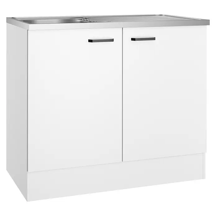 Optifit Optimulti Spülenunterschrank Bonn214 - 60 x 100 x 88 cm, Dekor Front: Weiß - Weißer Spülenunterschrank mit zwei Türen, silbernen Griffen und Edelstahlspüle.