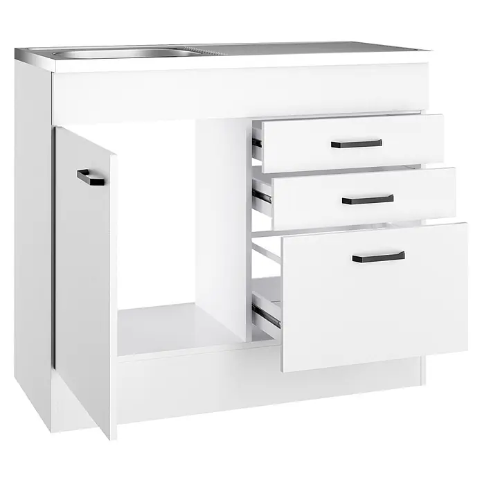 Optifit Optimulti Spülenunterschrank Bonn214 - 50 x 100 x 88,2 cm, Dekor Front: Weiß - Weißer Küchenunterschrank mit Spüle, einer offenen Tür und drei teilweise geöffneten Schubladen mit schwarzen Griffen.
