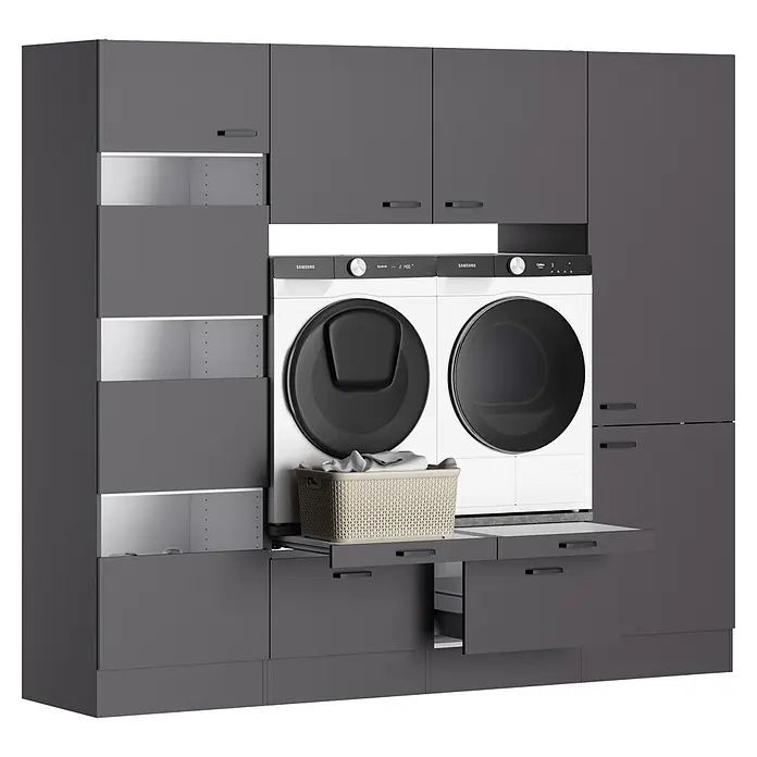 Optifit Optimulti Waschmaschinenschrank Kiel420 - L x B x H: 57,1 x 240 x 210 cm, Anthrazit - Weiße Waschmaschine und Trockner, integriert in ein dunkelgraues Schranksystem mit Auszügen für Wäsche.