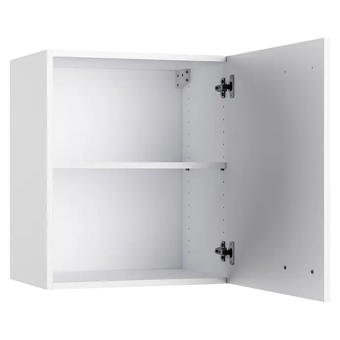 Optifit Optimulti Küchen-Hängeschrank Bonn214 - B x T x H: 50 x 33 x 57,6 cm, Weiß - Weißer offener Wandschrank mit verstellbarem Regal und geöffneter Tür, die Scharniere zeigt.