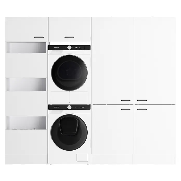 Optifit Optimulti Waschmaschinenschrank Bonn214 - L x B x H: 190 x 213,2 x 210 cm, Weiß - Zwei weiße Samsung Wäschegeräte übereinander in weißen Schränken mit schwarzen Griffen, bilden eine integrierte Wäschestation.