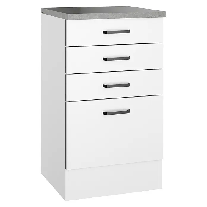Optifit Optimulti Küchen-Unterschrank Bonn214 - B x T x H: 50 x 50 x 88 cm, Weiß/Grau - Weiße Kommode mit vier Schubladen, grauer Platte und schwarzen Griffen.