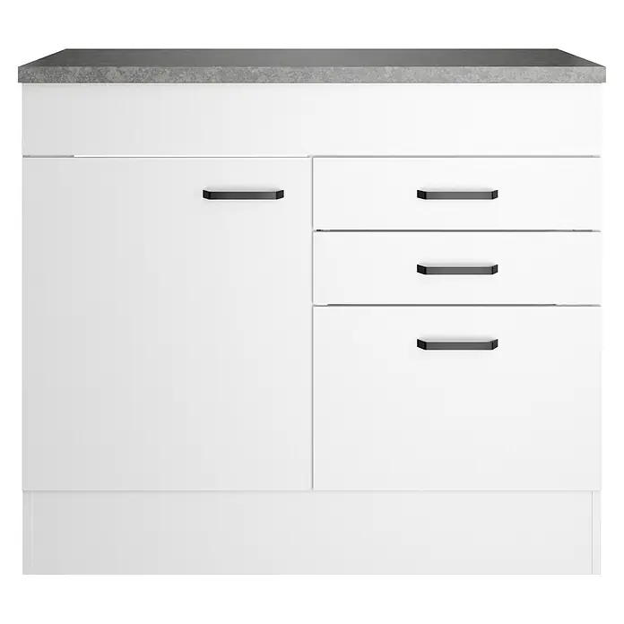 Optifit Optimulti Spülenunterschrank Bonn214 - 60 x 100 x 88 cm, Dekor Front: Weiß - Weißer Küchenunterschrank mit grauer Arbeitsplatte, einer Tür und drei Schubladen mit schwarzen Griffen.