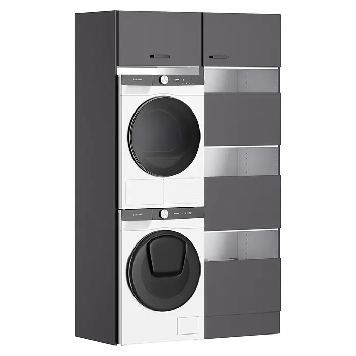 Optifit Optimulti Waschmaschinenschrank Kiel420 - L x B x H: 57,1 x 123,2 x 210 cm, Anthrazit - Gestapelte weiße Samsung Waschmaschine und Trockner, integriert in ein dunkelgraues und weißes Wäscheschranksystem mit Stauraum.