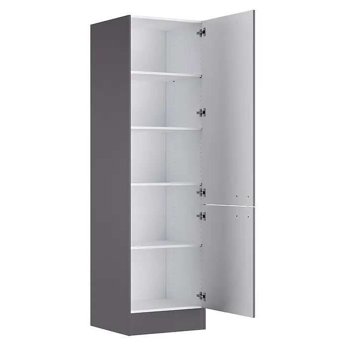 Optifit Optimulti Küchen-Hochschrank Kiel420 - B x T x H: 60 x 55,5 x 210 cm, Anthrazit - Hoher dunkelgrauer Schrank mit offener Tür, zeigt weiße verstellbare Einlegeböden und Scharniere.