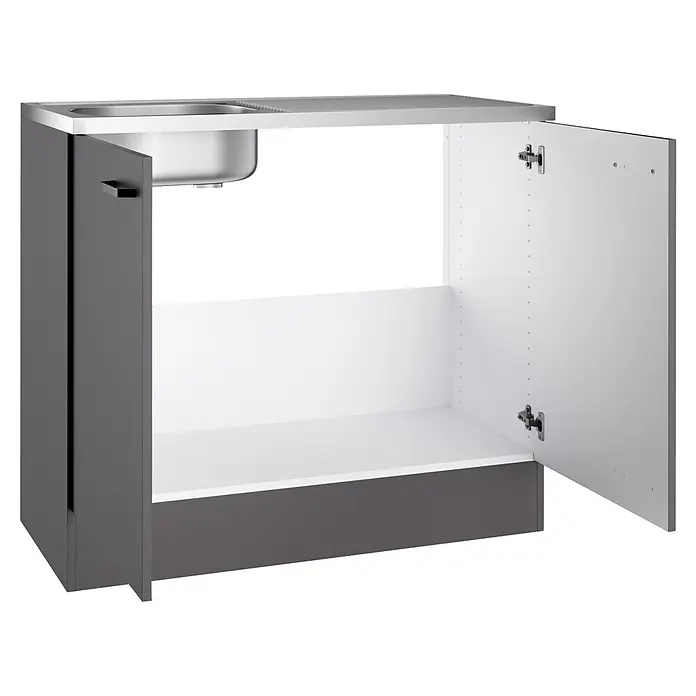 Optifit Optimulti Spülenunterschrank Kiel420 - 50 x 100 x 88,2 cm, Dekor Front: Grau matt - Offener grauer Küchenunterschrank mit Spüle, weißem Innenraum und Edelstahlspülbecken.