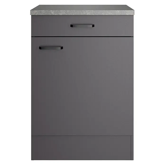 Optifit Optimulti Küchen-Unterschrank Kiel420 - B x T x H: 60 x 60 x 88 cm, Anthrazit - Dunkelgrauer Küchenunterschrank mit heller Arbeitsplatte und zwei schwarzen Griffen.