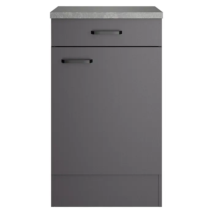 Optifit Optimulti Küchen-Unterschrank Kiel420 - B x T x H: 50 x 50 x 88 cm, Anthrazit - Dunkelgrauer Küchenschrank mit hellgrauer Arbeitsplatte und schwarzen Stangengriffen.