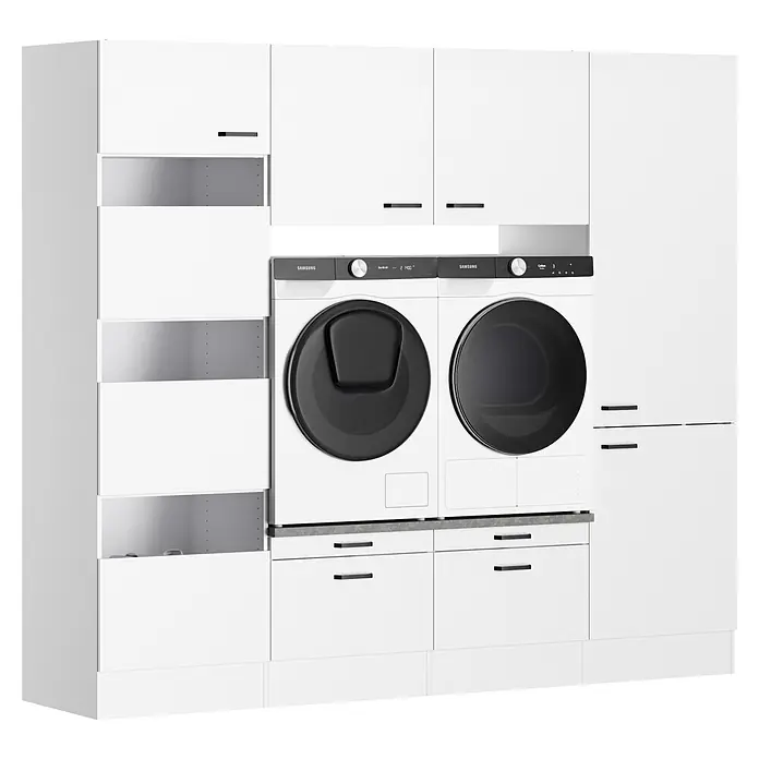 Optifit Optimulti Waschmaschinenschrank Bonn214 - L x B x H: 57,1 x 240 x 210 cm, Weiß - Weiße Waschkeller-Schränke mit integrierter Samsung Waschmaschine und Trockner, dunklen Griffen und grauen Arbeitsplatten.
