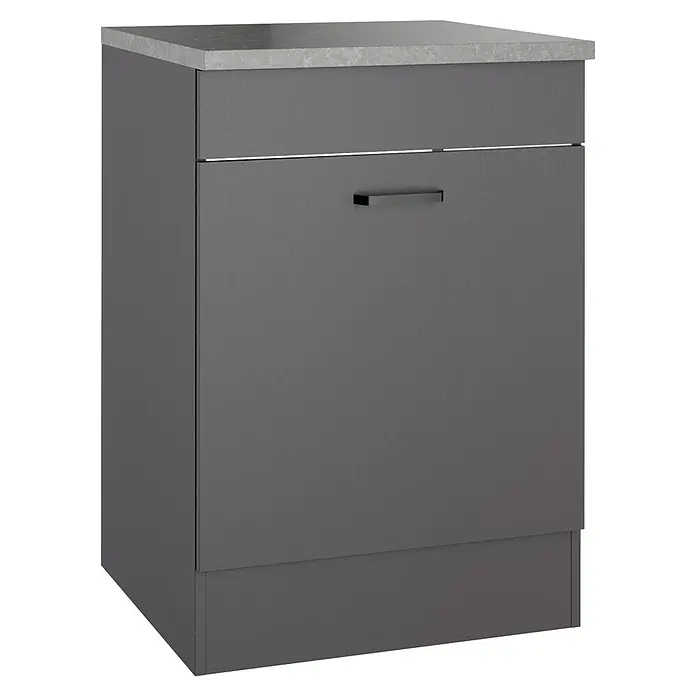 Optifit Optimulti Spülenunterschrank Kiel420 - 60 x 60 x 88 cm, Dekor Front: Grau matt - Dunkelgrauer Küchenunterschrank mit grauer Arbeitsplatte, einer oberen Schublade und einer Tür mit Griff.