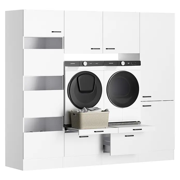 Optifit Optimulti Waschmaschinenschrank Bonn214 - L x B x H: 57,1 x 240 x 210 cm, Weiß - Weißer Waschraum mit Einbauschränken, zwei Samsung Waschmaschinen/Trocknern und ausziehbarer Ablage mit beigefarbenem Wäschekorb.