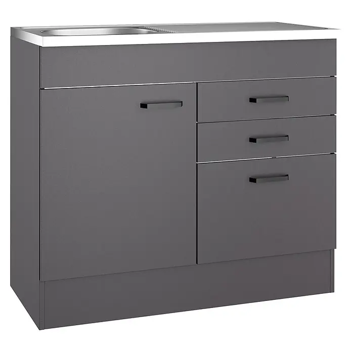 Optifit Optimulti Spülenunterschrank Kiel420 - 50 x 100 x 88,2 cm, Dekor Front: Grau matt - Dunkelgrauer Badezimmer-Waschtischunterschrank mit integriertem weißen Waschbecken, einer Tür und drei Schubladen, mit schwarzen Griffen.