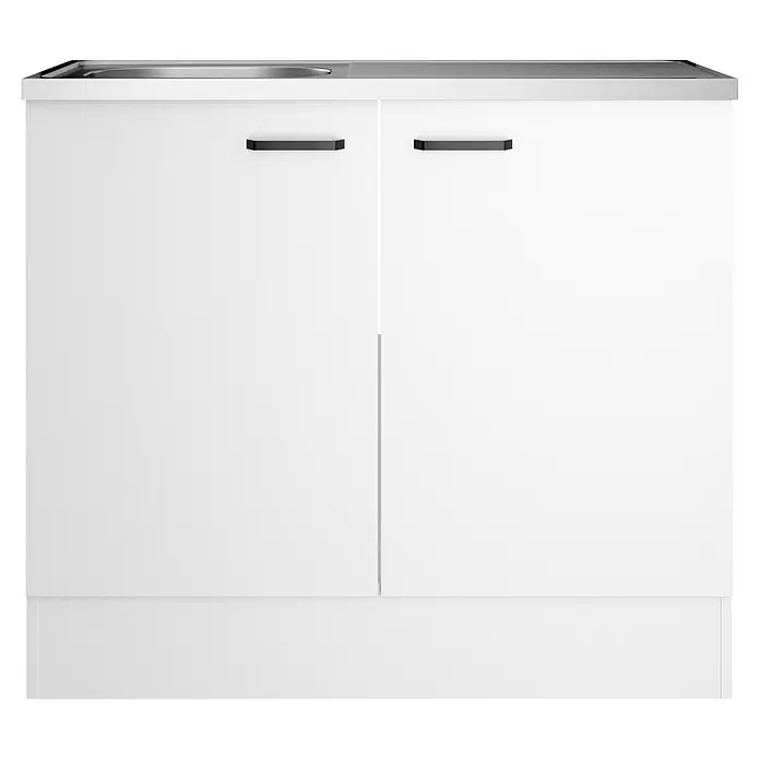 Optifit Optimulti Spülenunterschrank Bonn214 - 50 x 100 x 88,2 cm, Dekor Front: Weiß - Weißer Küchenspülenunterschrank mit zwei Türen, schwarzen Griffen und integriertem Edelstahlwaschbecken.
