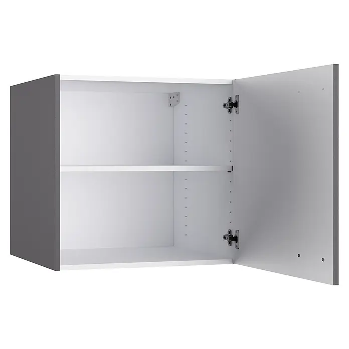 Optifit Optimulti Küchen-Hängeschrank Kiel420 - Anthrazit - Offener grau-weißer Hängeschrank mit einem verstellbaren Regalboden und sichtbaren Scharnieren.