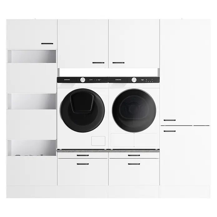Optifit Optimulti Waschmaschinenschrank Bonn214 - L x B x H: 57,1 x 240 x 210 cm, Weiß - Weiße Wäscheschränke mit integrierter Samsung Waschmaschine und Trockner.