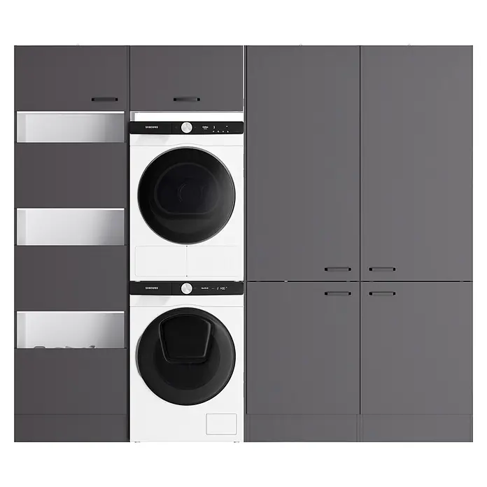 Optifit Optimulti Waschmaschinenschrank Kiel420 - L x B x H: 190 x 213,2 x 210 cm, Anthrazit - Weiße Samsung Waschmaschine und Trockner gestapelt, in dunkelgraue Schränke integriert.