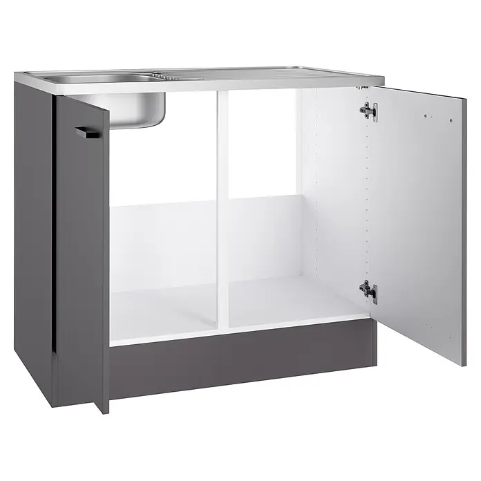 Optifit Optimulti Spülenunterschrank Kiel420 - 60 x 100 x 88 cm, Dekor Front: Grau matt - Grauer Küchenunterschrank mit Spüle, zwei offenen Türen, weißem Innenraum und Metallspüle.