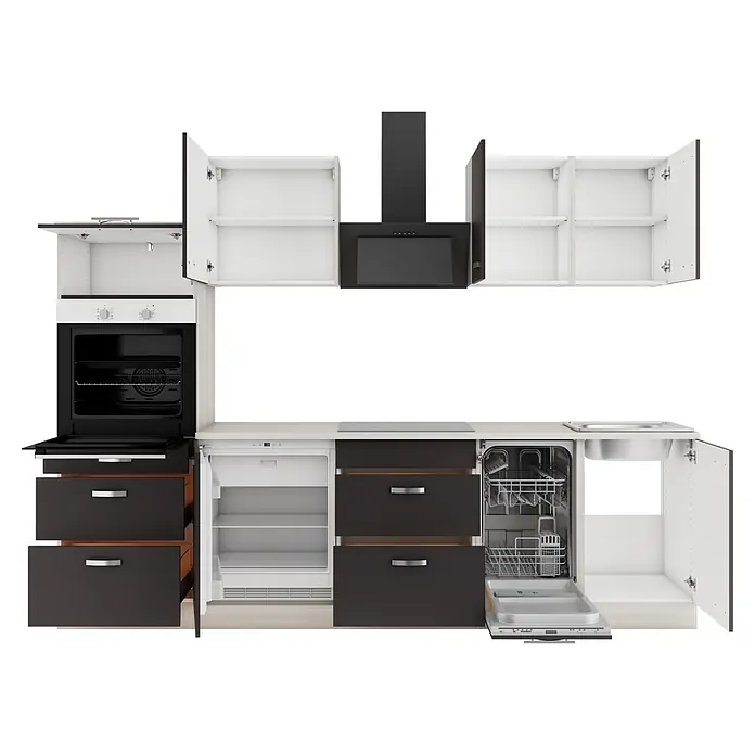 Optifit Küchenleerblock Faro220 - Breite: 270 cm, Anthrazit, Ohne Elektrogeräte, Mit Spülenschrank - Moderne Küche in Dunkelgrau und Weiß mit Backofen, Kochfeld, Dunstabzug, Kühlschrank, Spülmaschine, Spüle. Schränke und Geräte sind offen.