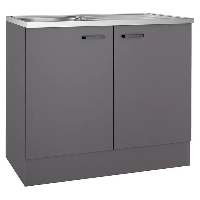 Optifit Optimulti Spülenunterschrank Kiel420 - 60 x 100 x 88 cm, Dekor Front: Grau matt - Grauer zweitüriger Küchenunterschrank mit integrierter Metallspüle und Abtropfbrett.