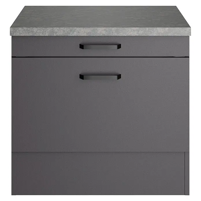 Optifit Optimulti Unterschrank Kiel420 - B x T x H: 60 x 60 x 57,1 cm, Anthrazit - Dunkelgrauer Küchenunterschrank mit zwei schwarzen Griffen und heller gesprenkelter Arbeitsplatte.
