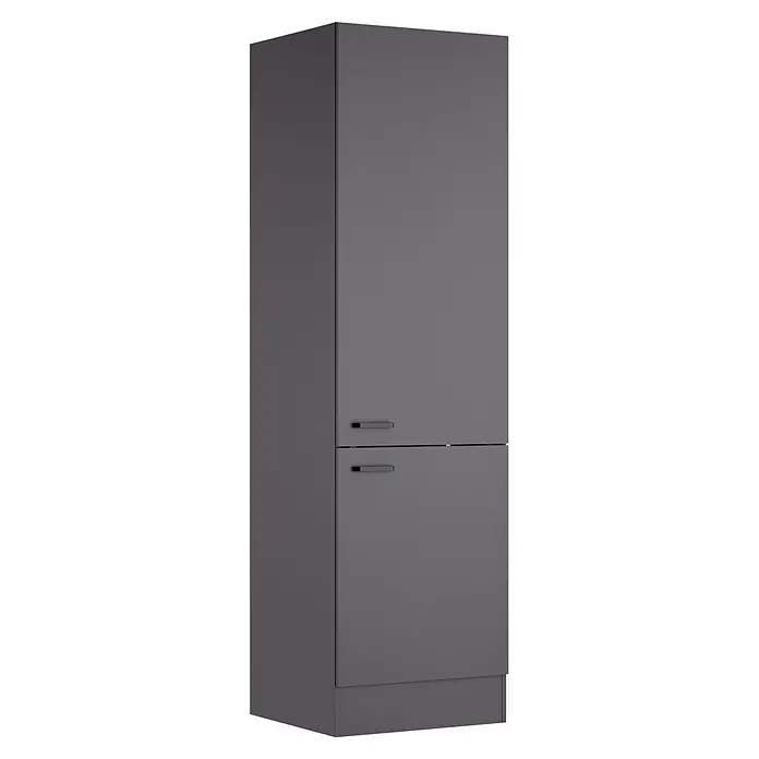 Optifit Optimulti Küchen-Hochschrank Kiel420 - B x T x H: 60 x 55,5 x 210 cm, Anthrazit - Hoher grauer matter Schrank mit zwei Türen und integrierten Griffen.