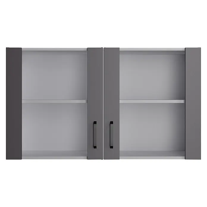 Optifit Optimulti Küchen-Hängeschrank Kiel420 - Anthrazit - Zwei graue Hängeschränke mit offenen Regalböden und zwei mittigen Türen mit schwarzen Griffen.