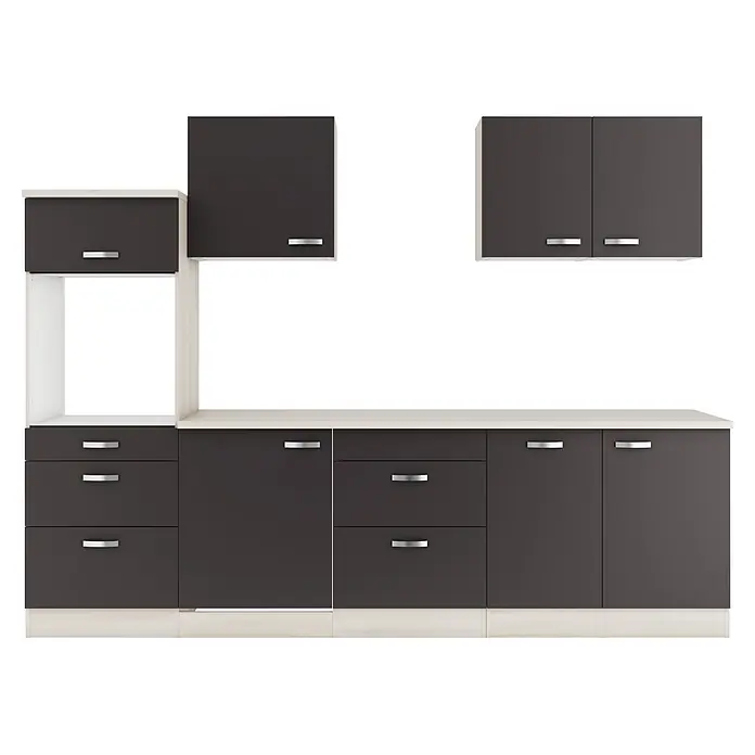 Optifit Küchenleerblock Faro220 - Breite: 270 cm, Anthrazit, Ohne Elektrogeräte, Mit Spülenschrank - Modulares Küchenschrank-Set in Dunkelgrau und hellem Holz mit verschiedenen Schubladen und Türen.
