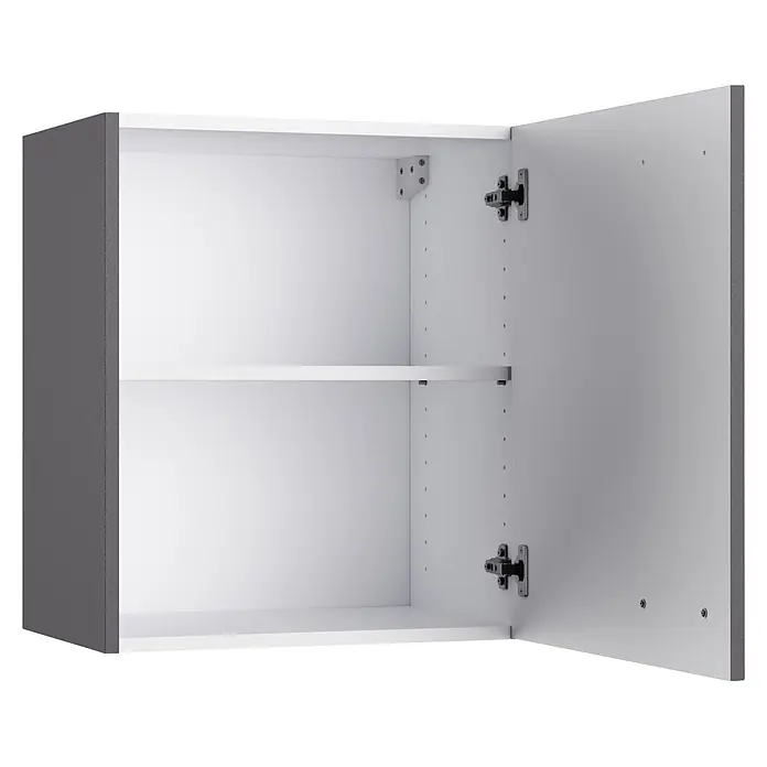 Optifit Optimulti Küchen-Hängeschrank Kiel420 - B x T x H: 50 x 33 x 57,6 cm, Anthrazit - Offener grau-weißer Wandschrank mit einem Innenregal und sichtbaren Scharnieren an der offenen Tür.