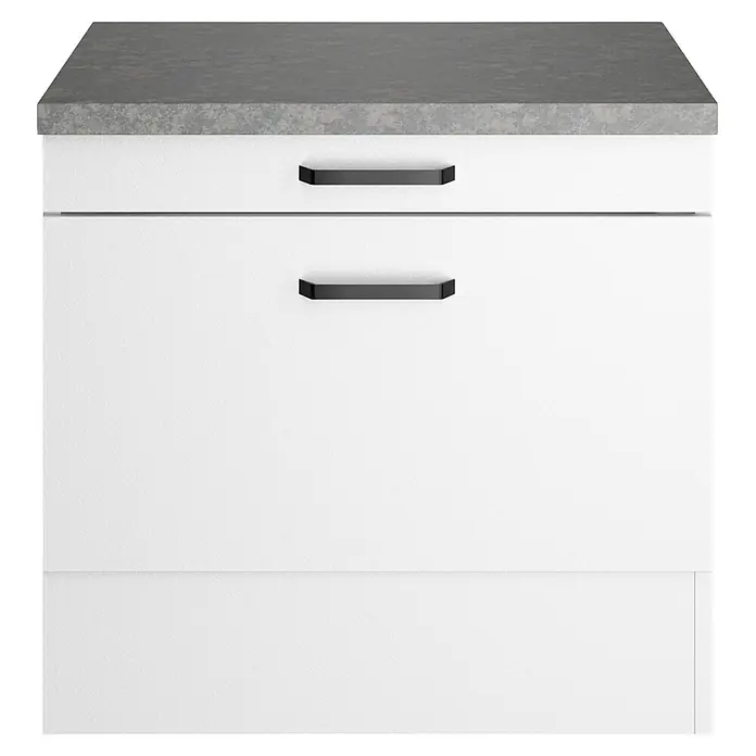 Optifit Optimulti Unterschrank Bonn214 - B x T x H: 60 x 60 x 57,1 cm, Weiß/Grau - Weißer Schubladenschrank mit grauer Arbeitsplatte und schwarzen Griffen.