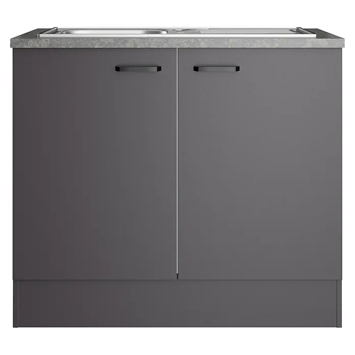 Optifit Optimulti Spülenunterschrank Kiel420 - 60 x 100 x 88 cm, Dekor Front: Grau matt - Dunkelgrauer Küchenspülenschrank mit zwei Türen und einer hellgrauen Arbeitsplatte mit integriertem Spülbecken.