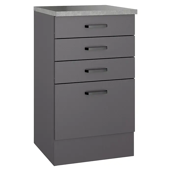 Optifit Optimulti Küchen-Unterschrank Kiel420 - B x T x H: 50 x 50 x 88 cm, Anthrazit - Dunkelgrauer Schubladenschrank mit heller Arbeitsplatte und vier Schubladen mit schwarzen Griffen.