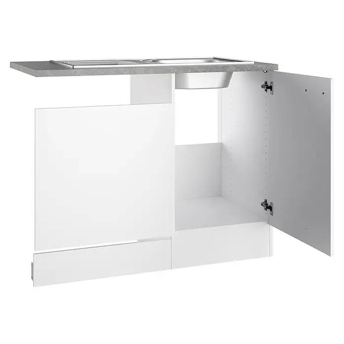 Optifit Optimulti Spülenunterschrank Bonn214 - 60 x 100 x 88 cm, Dekor Front: Weiß - Weißer Spülenunterschrank mit grauer Arbeitsplatte, Edelstahlspüle, offener Tür und Schubladenblenden.