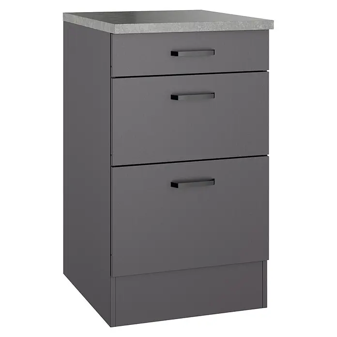 Optifit Optimulti Küchen-Unterschrank Kiel420 - B x T x H: 50 x 60 x 88 cm, Anthrazit - Dunkelgrauer Schrank mit drei Schubladen und heller Arbeitsplatte.