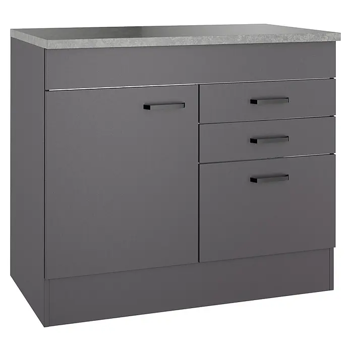 Optifit Optimulti Spülenunterschrank Kiel420 - 60 x 100 x 88 cm, Dekor Front: Grau matt - Dunkelgrauer Unterschrank mit hellgrauer Arbeitsplatte, einer Tür und drei Schubladen mit dunklen Griffen.
