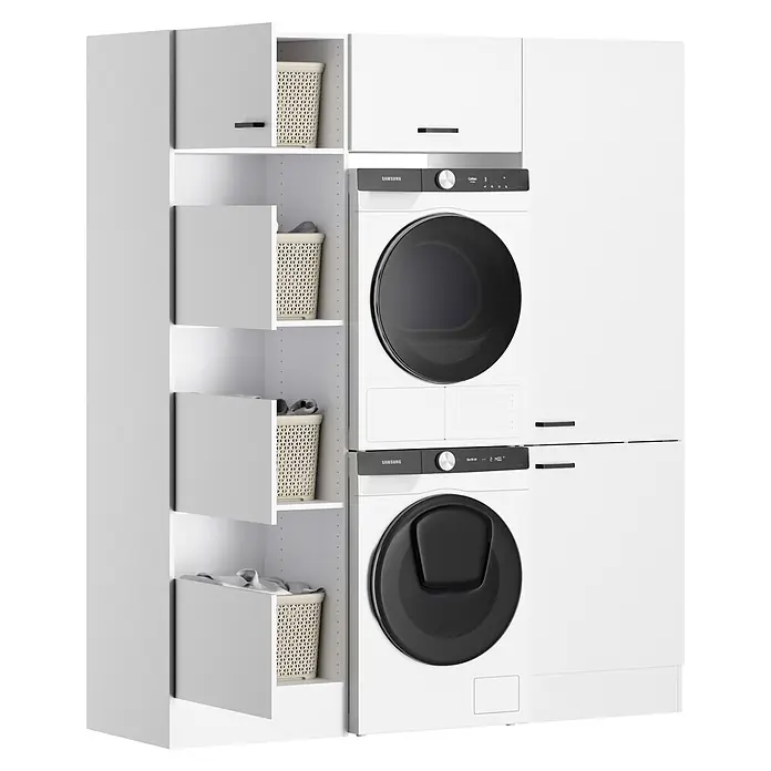 Optifit Optimulti Waschmaschinenschrank Bonn214 - L x B x H: 57,1 x 183,2 x 210 cm, Weiß - Gestapelte weiße Samsung Waschmaschine und Trockner neben weißen Schränken mit Auszügen für Wäschekörbe.