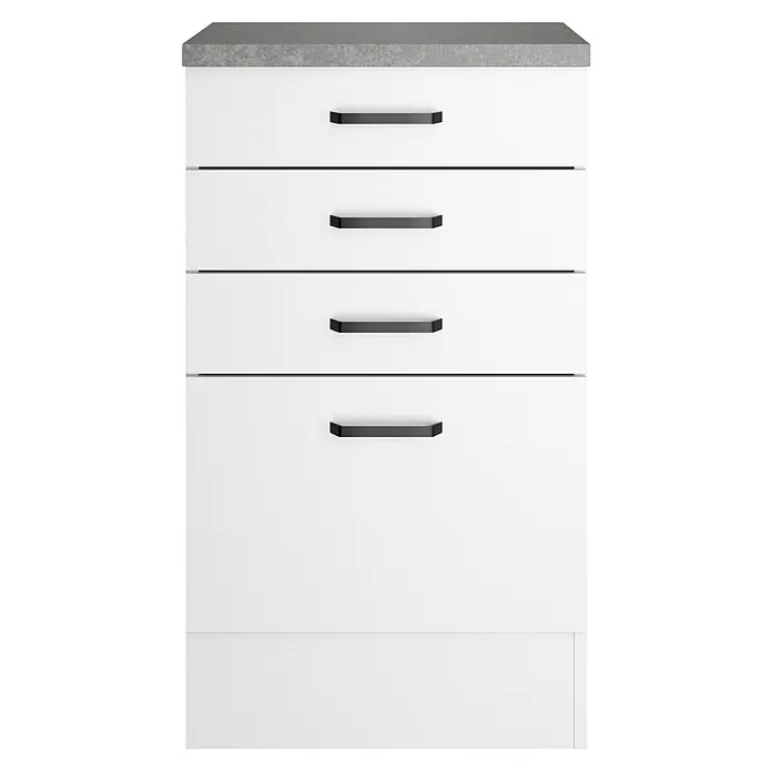 Optifit Optimulti Küchen-Unterschrank Bonn214 - B x T x H: 50 x 50 x 88 cm, Weiß/Grau - Weiße Kommode mit grauer Arbeitsplatte und schwarzen Griffen, vier Schubladen umfassend.