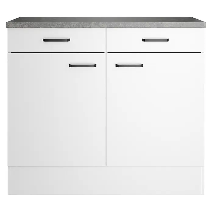 Optifit Optimulti Küchen-Unterschrank Bonn214 - B x T x H: 100 x 50 x 88 cm, Weiß/Grau - Weißer Unterschrank mit zwei Türen und zwei Schubladen, grauer Arbeitsplatte und schwarzen Griffen.
