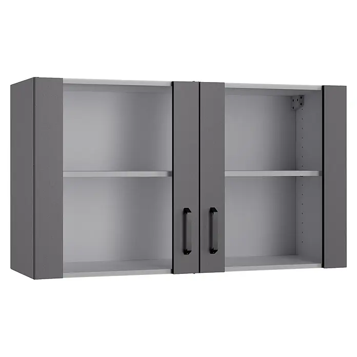 Optifit Optimulti Küchen-Hängeschrank Kiel420 - Anthrazit - Grauer strukturierter Doppel-Tür-Wandschrank mit schwarzen Griffen und Innenablagen.