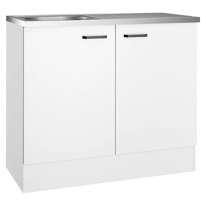 Optifit Optimulti Spülenunterschrank Bonn214 - 50 x 100 x 88,2 cm, Dekor Front: Weiß - Weißer Küchenspülenunterschrank mit zwei Türen und schwarzen Griffen, inklusive integrierter Edelstahlspüle und Arbeitsplatte.