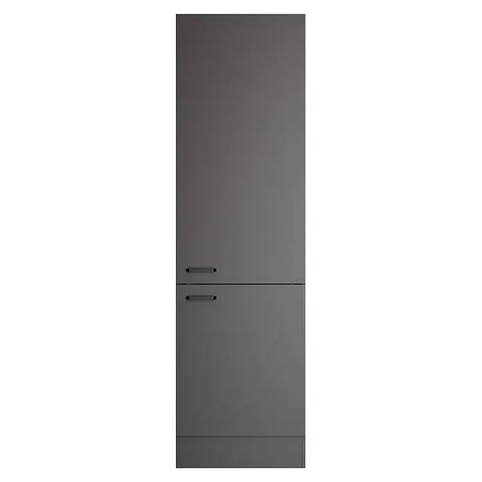 Optifit Optimulti Küchen-Hochschrank Kiel420 - B x T x H: 60 x 55,5 x 210 cm, Anthrazit - Dunkelgrauer Schrank mit zwei Schubladen und silbernen Griffen.