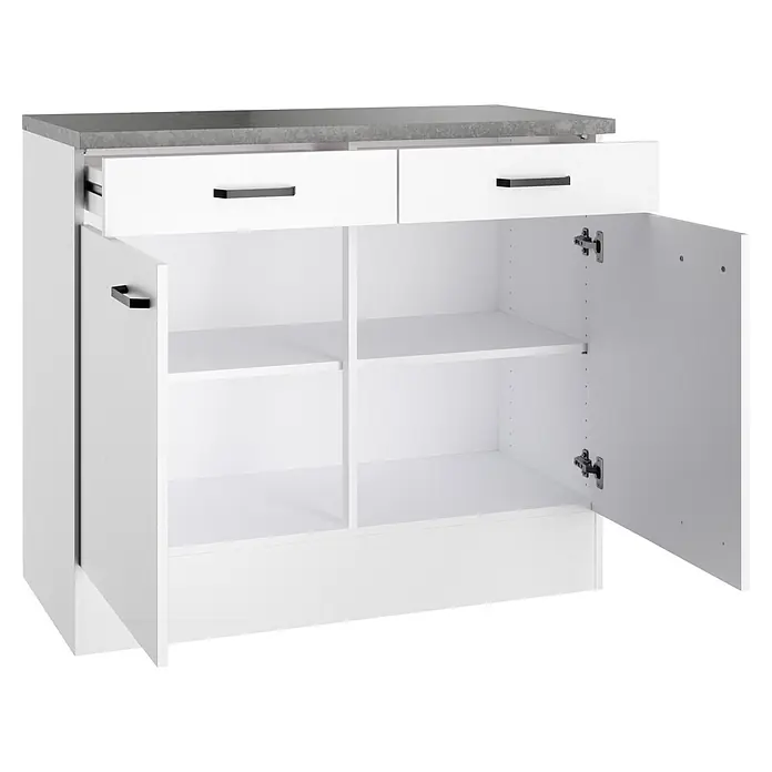 Optifit Optimulti Küchen-Unterschrank Bonn214 - B x T x H: 100 x 50 x 88 cm, Weiß/Grau - Weißer Küchenunterschrank mit grauer Arbeitsplatte, zwei Schubladen (eine offen), zwei offenen Schranktüren, Einlegeböden und schwarzen Griffen.