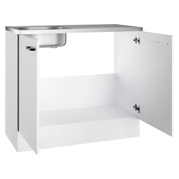 Optifit Optimulti Spülenunterschrank Bonn214 - 50 x 100 x 88,2 cm, Dekor Front: Weiß - Weißer Küchenunterschrank mit Spüle aus Edelstahl und offenen Türen, der den Stauraum zeigt.