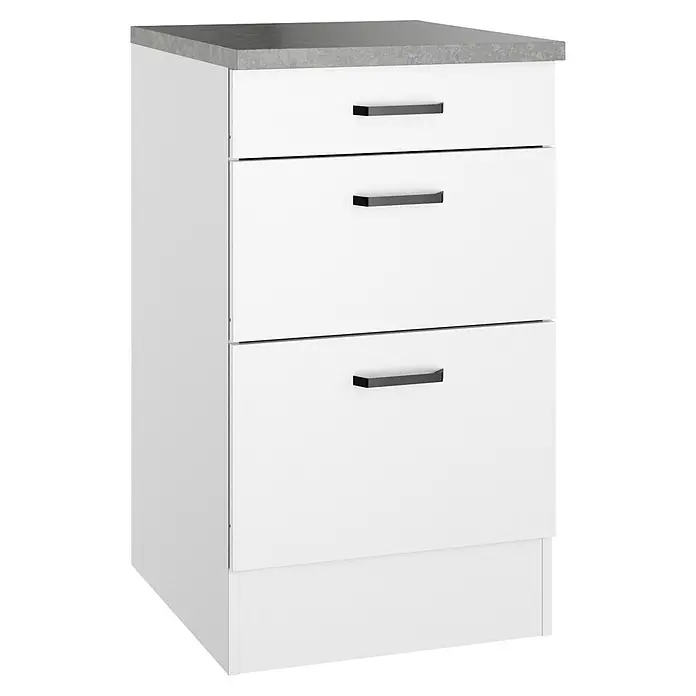 Optifit Optimulti Küchen-Unterschrank Bonn214 - B x T x H: 50 x 60 x 88 cm, Weiß/Grau - Weißer 3-Schubladen-Schrank mit grauer Platte und dunklen Griffen.