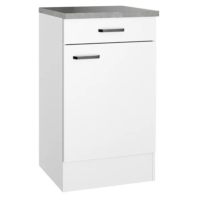Optifit Optimulti Küchen-Unterschrank Bonn214 - B x T x H: 50 x 50 x 88 cm, Weiß/Grau - Weißer Küchenunterschrank mit grauer Arbeitsplatte und zwei schwarzen Griffen für Schubladen/Türen.