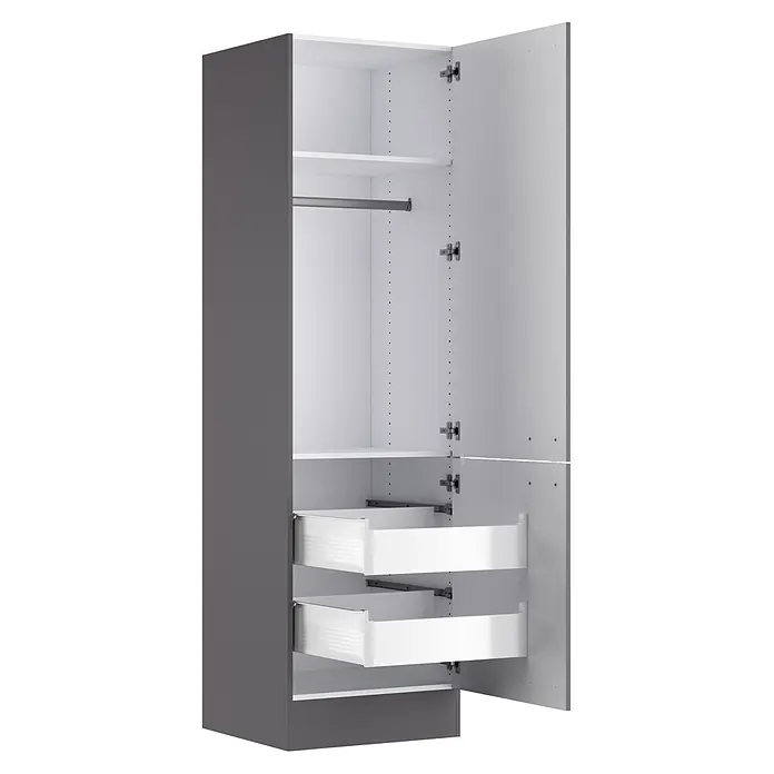 Optifit Optimulti Küchen-Hochschrank Kiel420 - B x T x H: 60 x 55,5 x 210 cm, Anthrazit - Offener grauer Kleiderschrank mit weißer Innenausstattung, Kleiderstange, Ablage und zwei Auszügen.