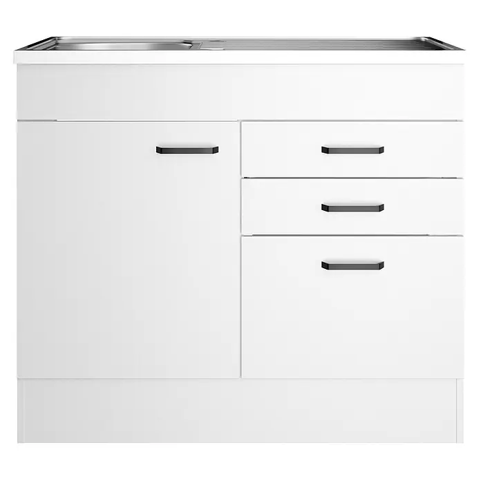 Optifit Optimulti Spülenunterschrank Bonn214 - 60 x 100 x 88 cm, Dekor Front: Weiß - Weißer Küchenunterschrank mit Edelstahlspüle, einer Tür und drei Schubladen mit schwarzen Griffen.